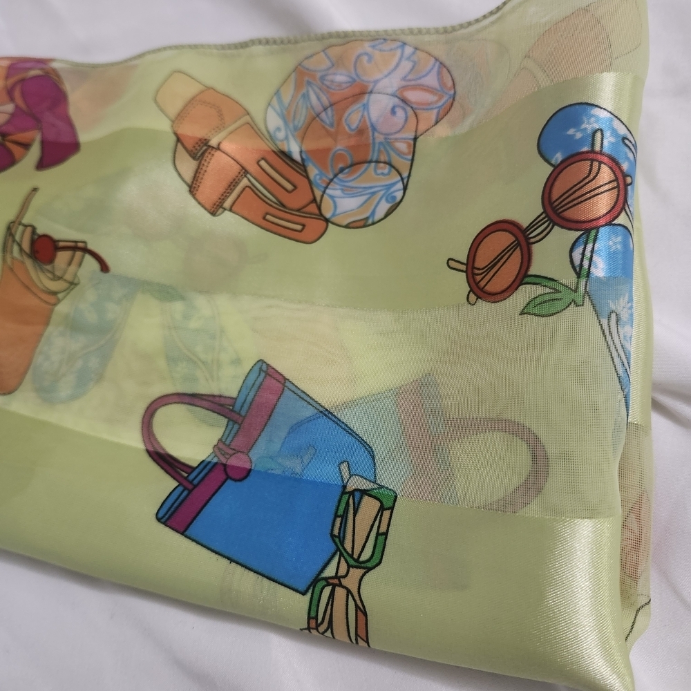 Vibrant Yellow Printed Satin Scarf with Multicolor Motifs - Picture 5 of 6